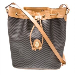 Mark Cross Vintage Tan & Black Bucket Bag Drawstring Crossbody Luxury Designer